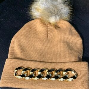 Steve Madden Camel Beanie with Gold Chain Detail